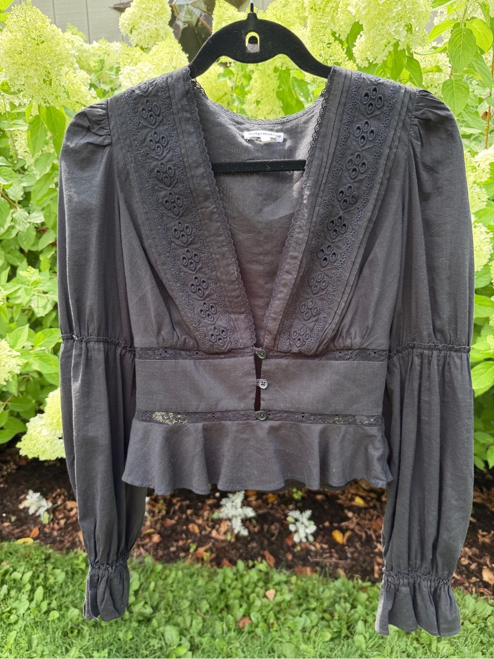 Reformation Black Embroidered V-Neck Peplum Blouse